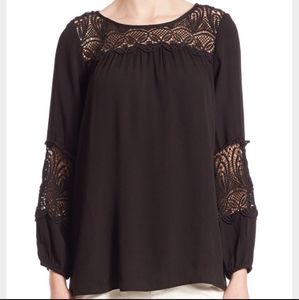 Joie Coastal Lace crochet Inset Crepe Top Long Sleeve Black size Large